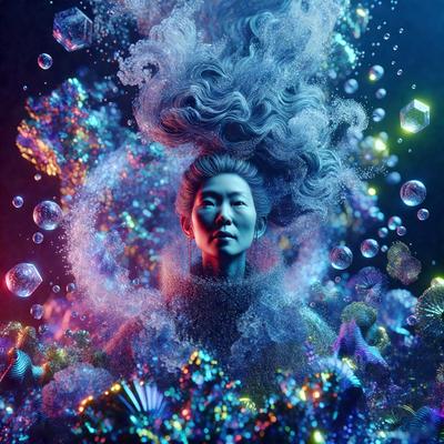 The primary subject of the image is a woman with long hair, who appears to be a mermaid. She is surrounded by a vibrant and colorful underwater environment, which includes a variety of fish and other aquatic creatures. The setting is a mix of digital art and illustration, creating a visually stunning and imaginative scene. The colors and mood of the image are lively and whimsical, evoking a sense of wonder and fantasy.